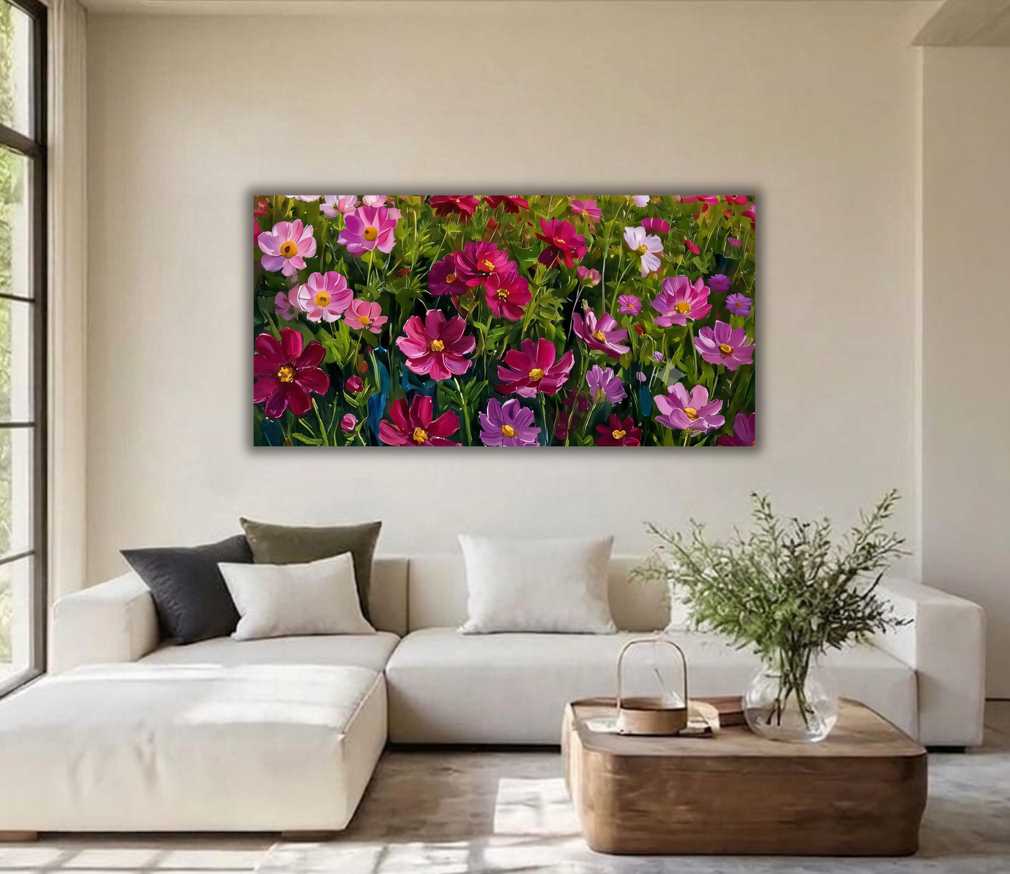 Blooming Cosmos Flower Field Canvas Art Print - Horizontal Impressionist Wildflower Meadow Wall Decor