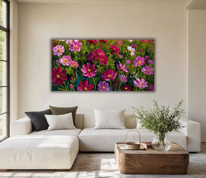 Blooming Cosmos Flower Field Canvas Art Print - Horizontal Impressionist Wildflower Meadow Wall Decor