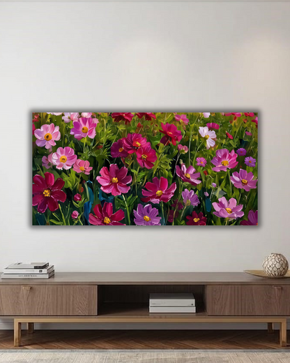 Blooming Cosmos Flower Field Canvas Art Print - Horizontal Impressionist Wildflower Meadow Wall Decor