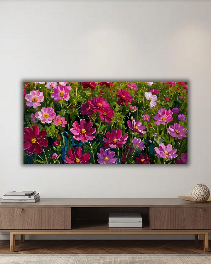 Blooming Cosmos Flower Field Canvas Art Print - Horizontal Impressionist Wildflower Meadow Wall Decor