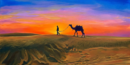 Desert Sunset Camel Caravan Canvas Art Print - Panoramic Silhouette Dunes Wall Decor