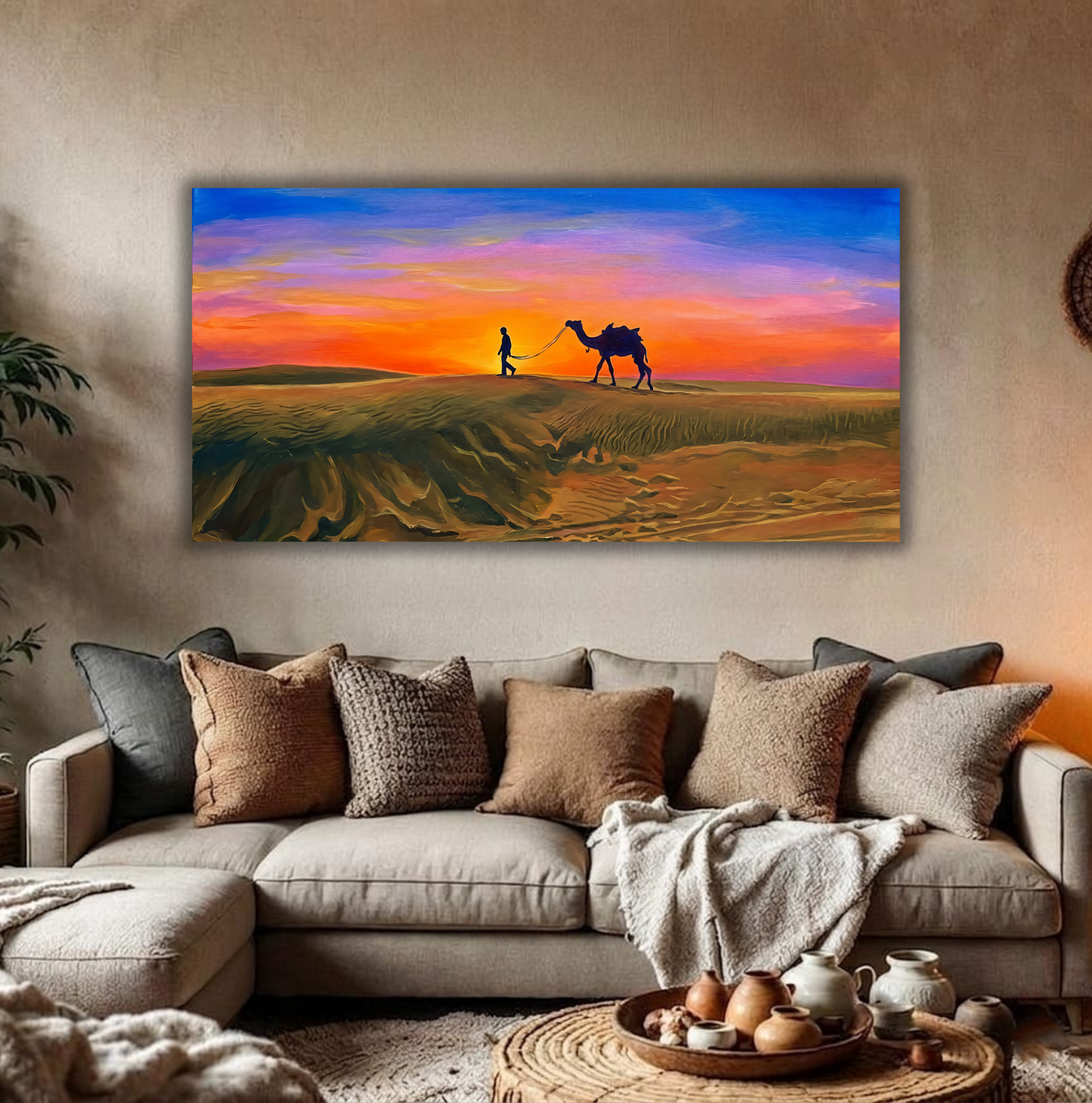 Desert Sunset Camel Caravan Canvas Art Print - Panoramic Silhouette Dunes Wall Decor