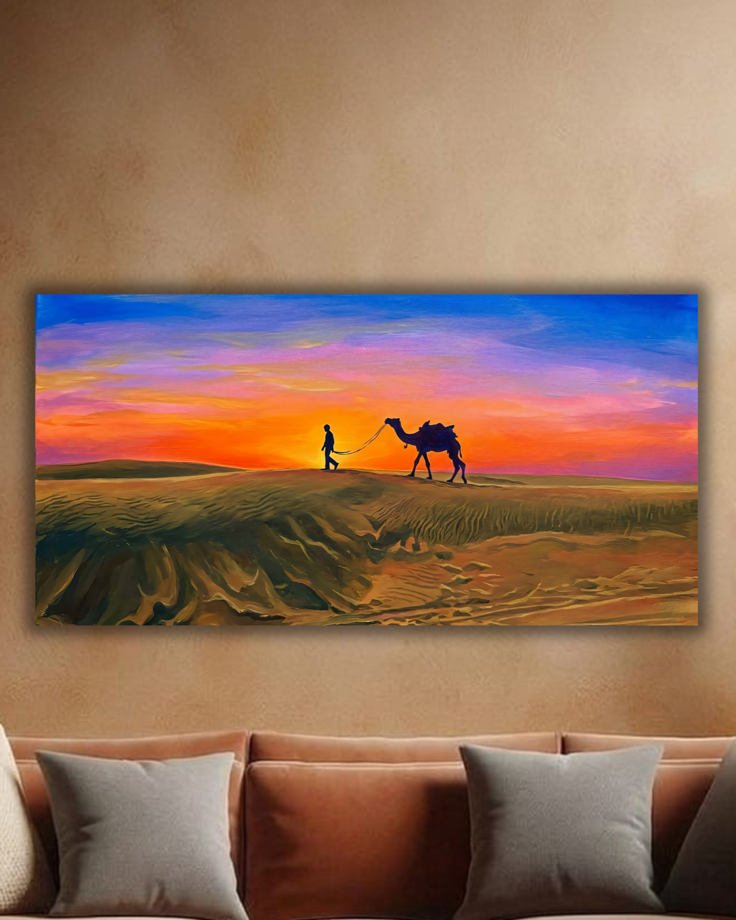 Desert Sunset Camel Caravan Canvas Art Print - Panoramic Silhouette Dunes Wall Decor
