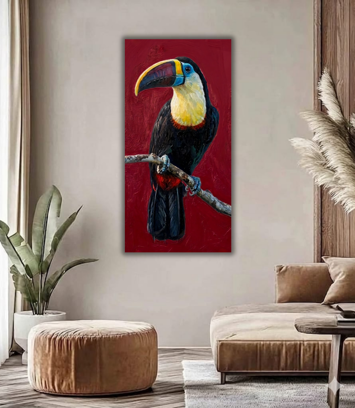 Vibrant Tropical Toucan Canvas Art Print - Exotic Wildlife Red Background Wall Decor