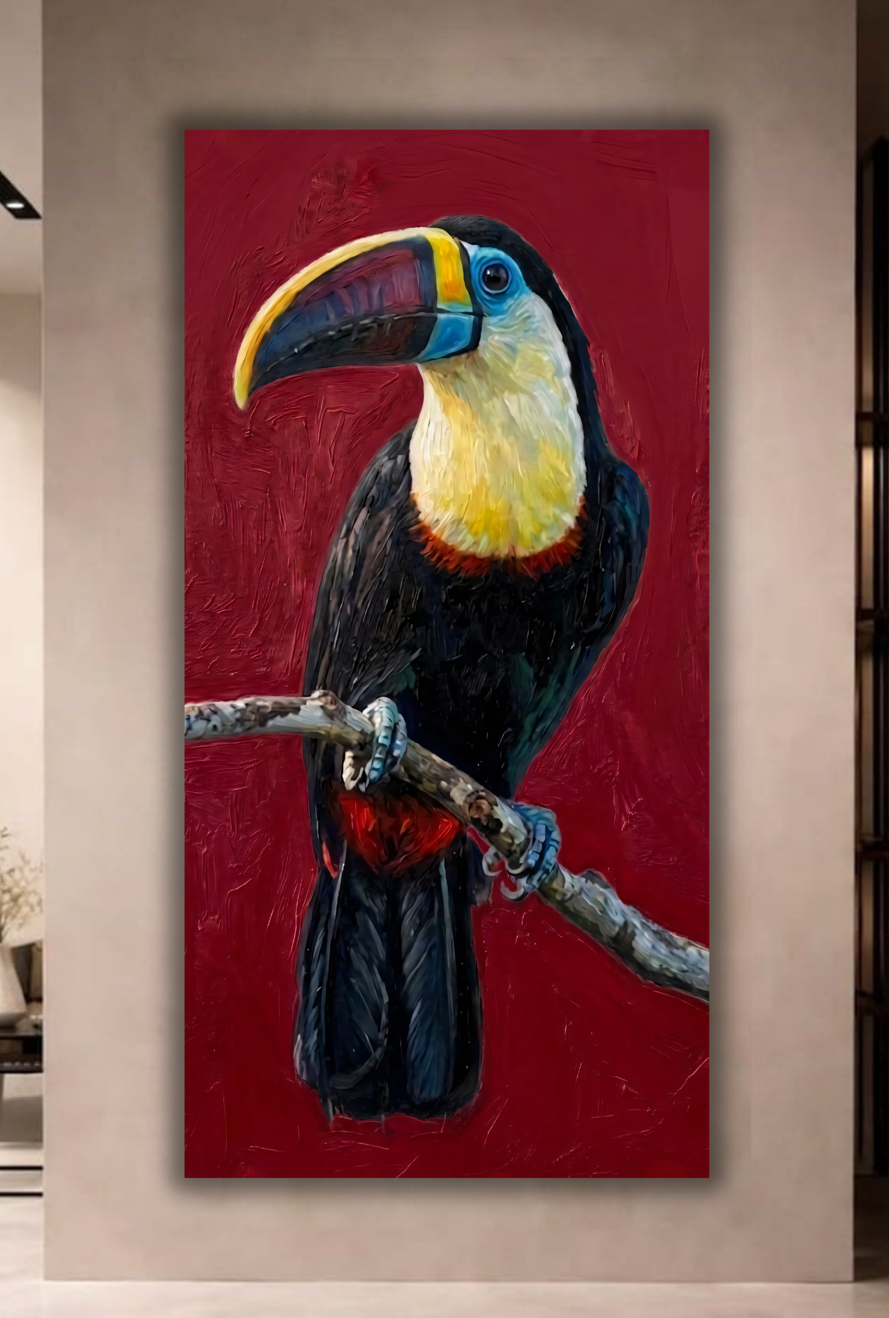 Vibrant Tropical Toucan Canvas Art Print - Exotic Wildlife Red Background Wall Decor