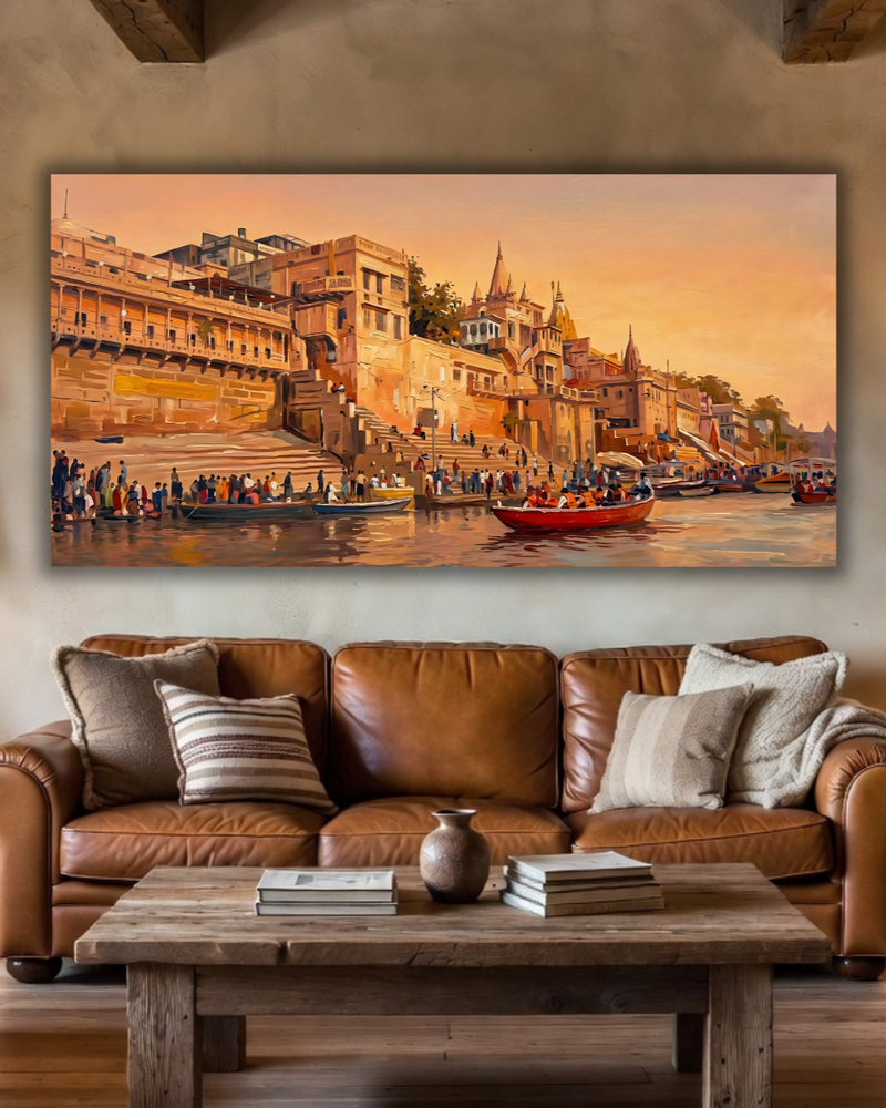 Varanasi Ghats Ganges River Canvas Art Print - India Heritage Sunset Landscape Wall Decor