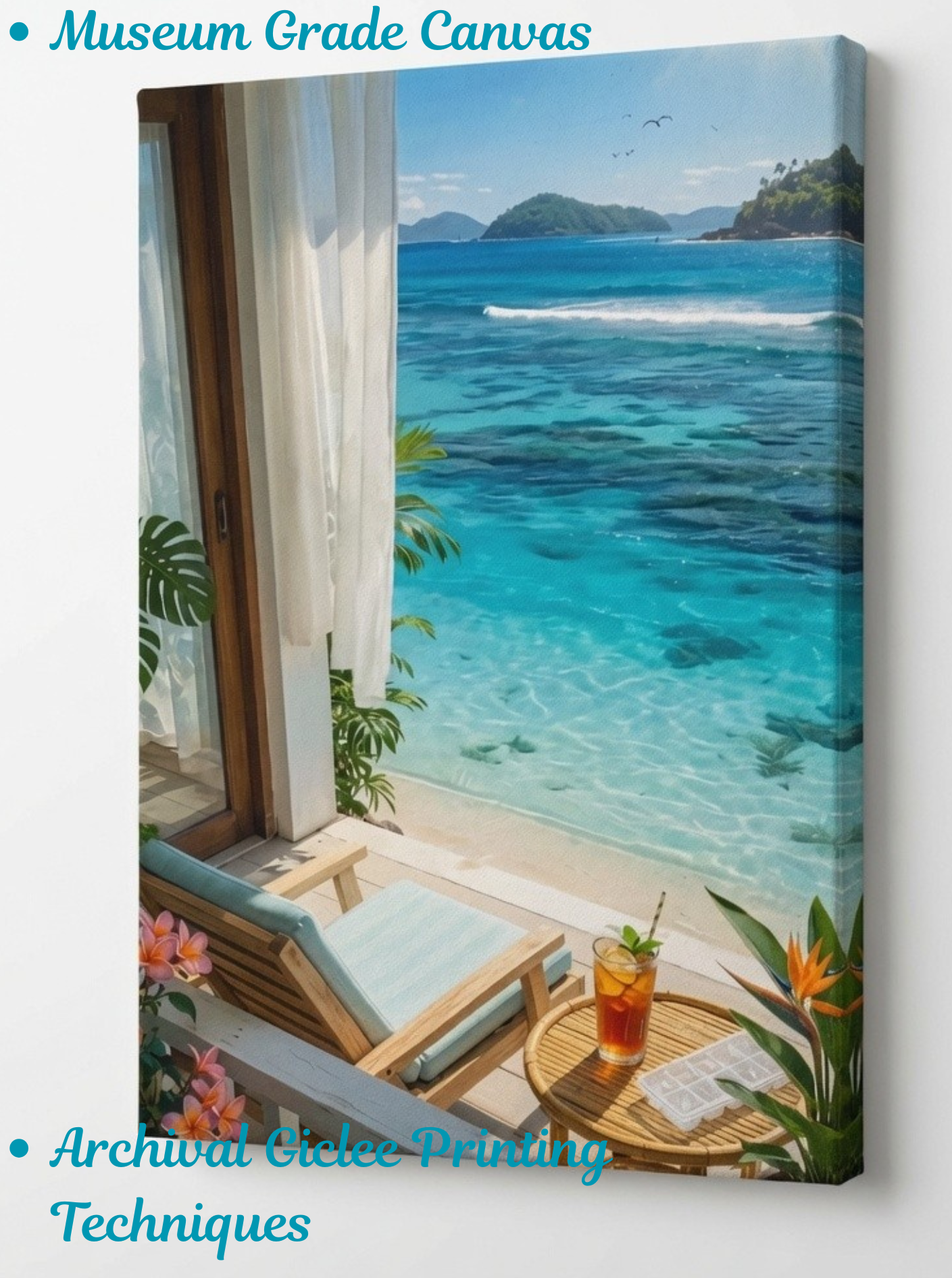 Tropical Ocean View Balcony Canvas Art Print - Coastal Beach Resort Wall Decor