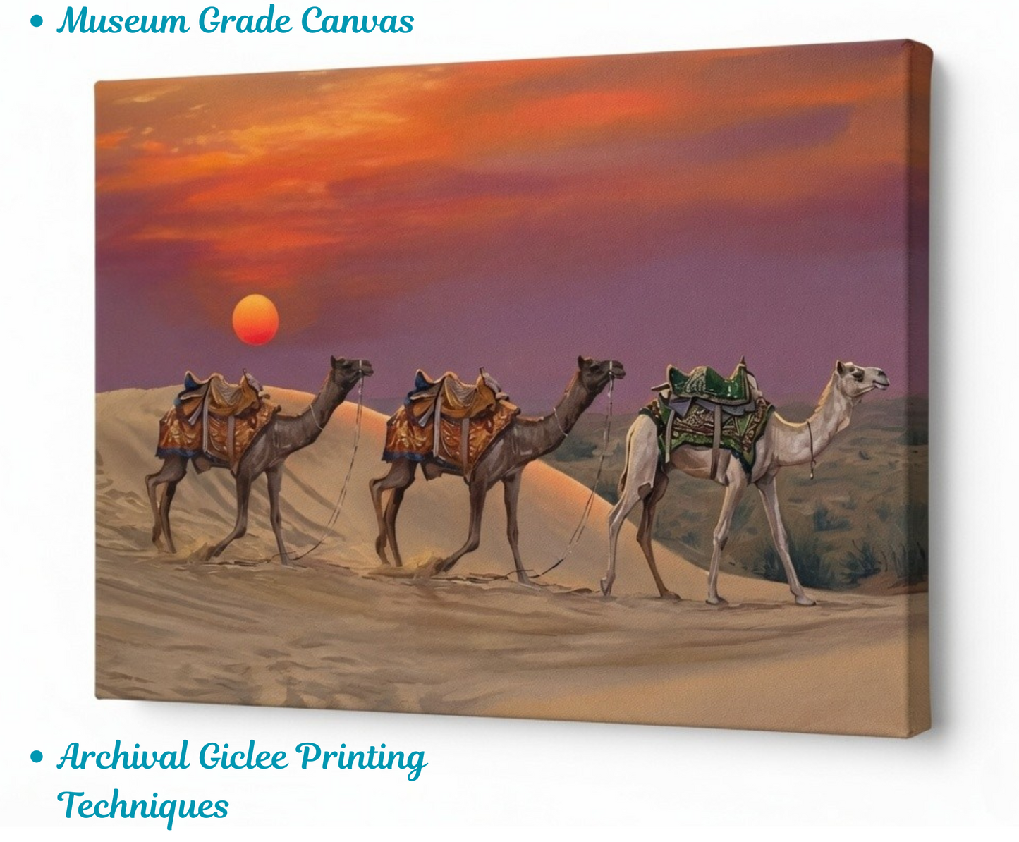 Desert Camel Caravan Canvas Art Print - Sunset Dunes Wildlife Wall Decor