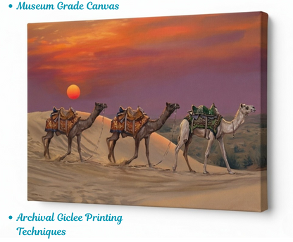 Desert Camel Caravan Canvas Art Print - Sunset Dunes Wildlife Wall Decor