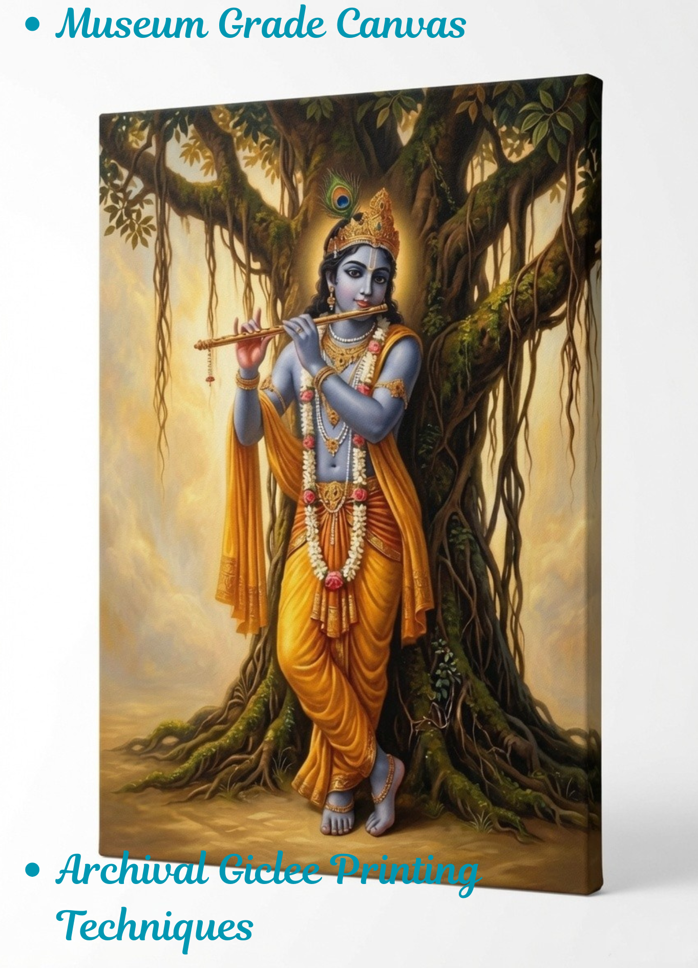 Lord Krishna Canvas Art Print - Divine Flute Player under Banyan Tree Spiritual Wall Decor