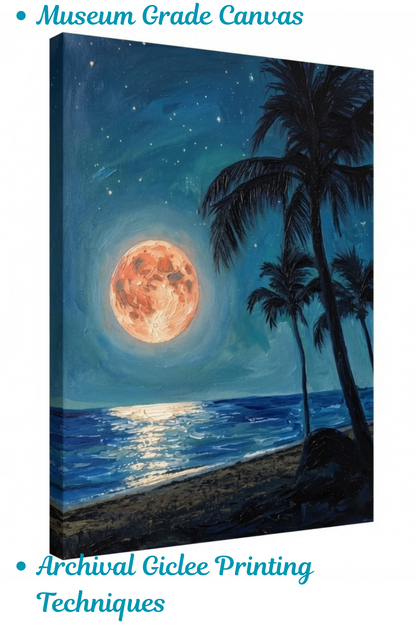 Tropical Full Moon Beach Canvas Art Print - Night Seascape Wall Decor with Palm Trees