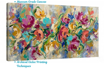 Abstract Floral Garden Canvas Art Print - Horizontal Expressionist Flower Wall Decor