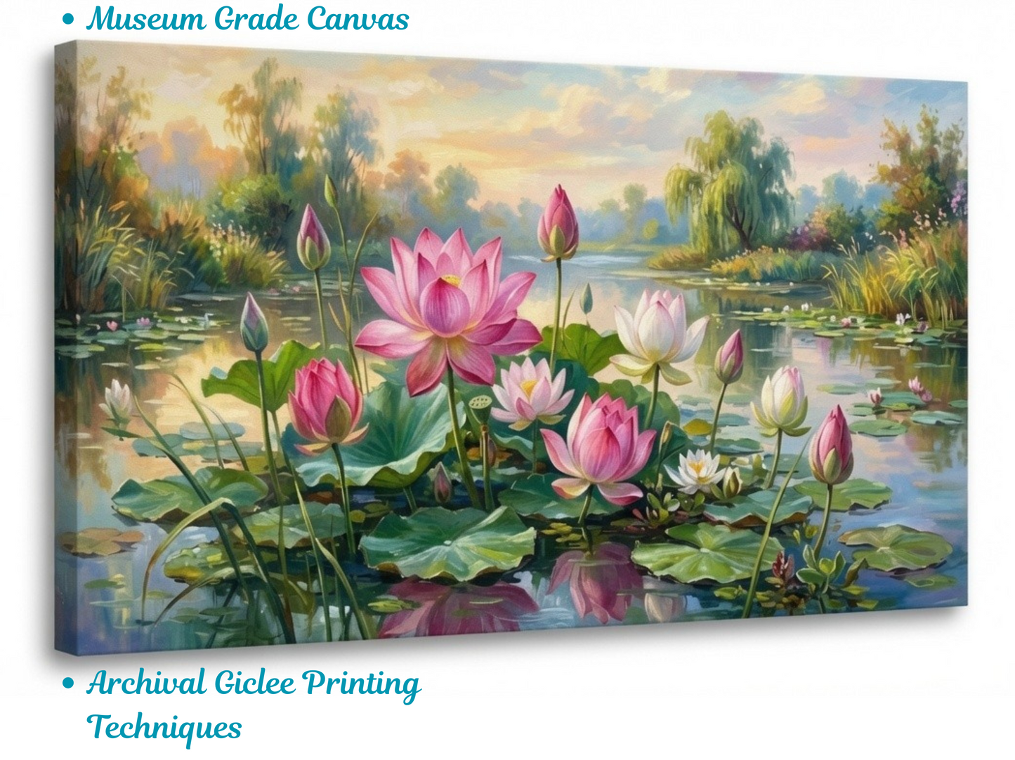 Pink Lotus Pond Canvas Art Print - Panoramic Monet-Inspired Water Lily Landscape Wall Decor