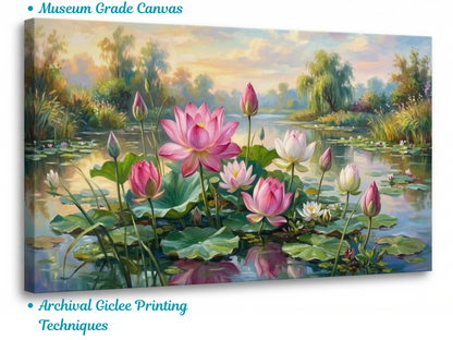 Pink Lotus Pond Canvas Art Print - Panoramic Monet-Inspired Water Lily Landscape Wall Decor