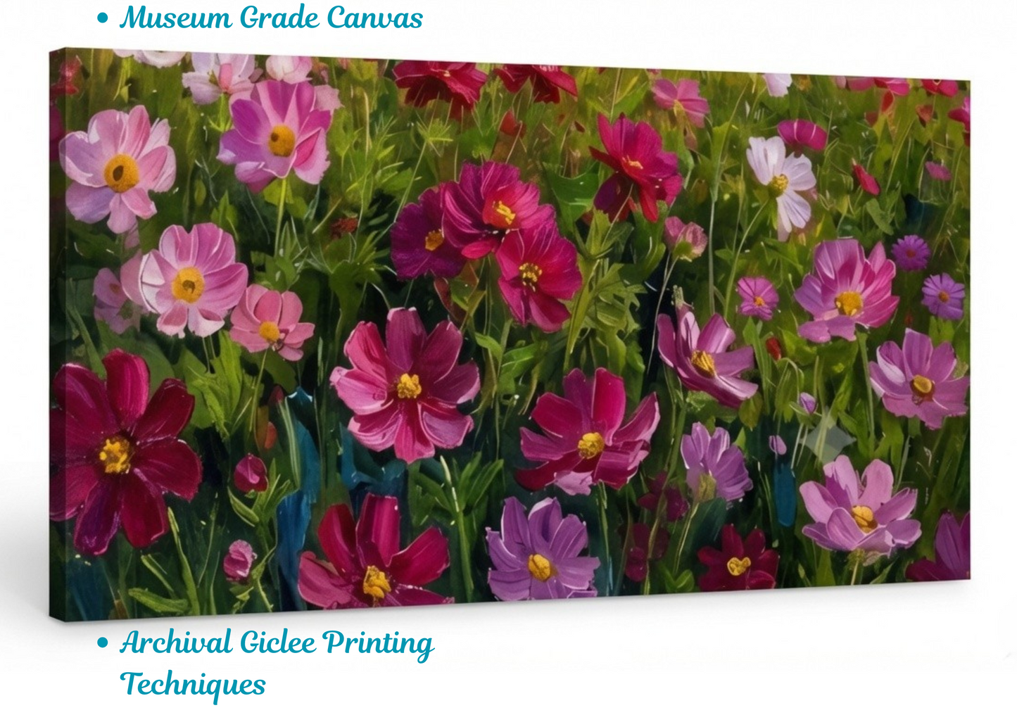 Blooming Cosmos Flower Field Canvas Art Print - Horizontal Impressionist Wildflower Meadow Wall Decor
