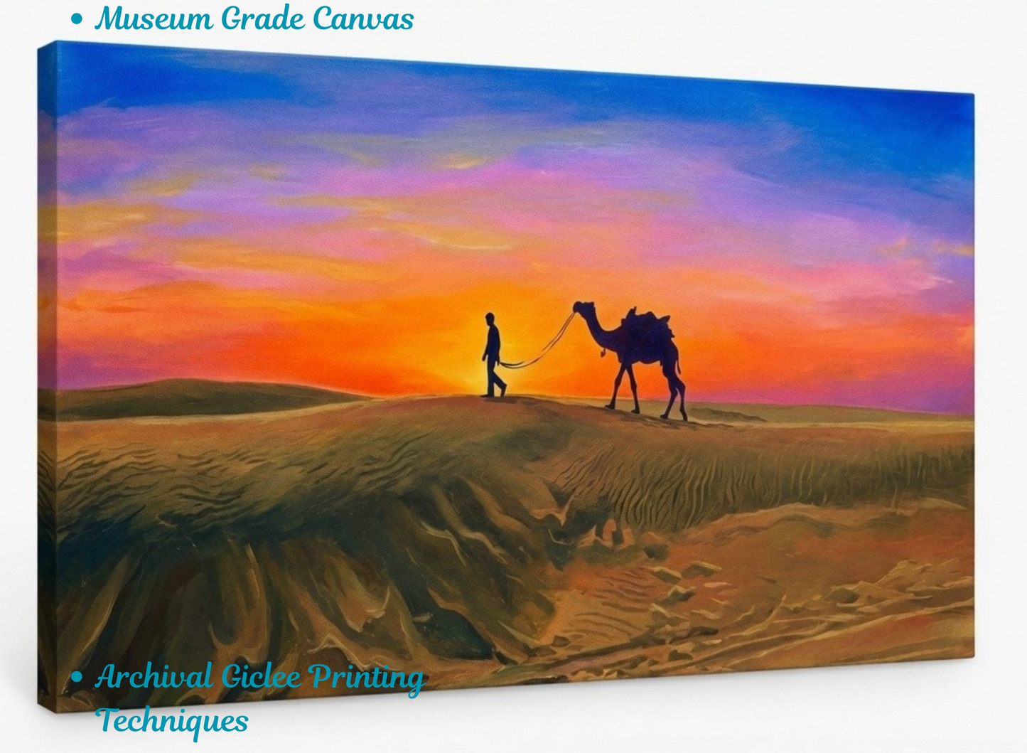 Desert Sunset Camel Caravan Canvas Art Print - Panoramic Silhouette Dunes Wall Decor