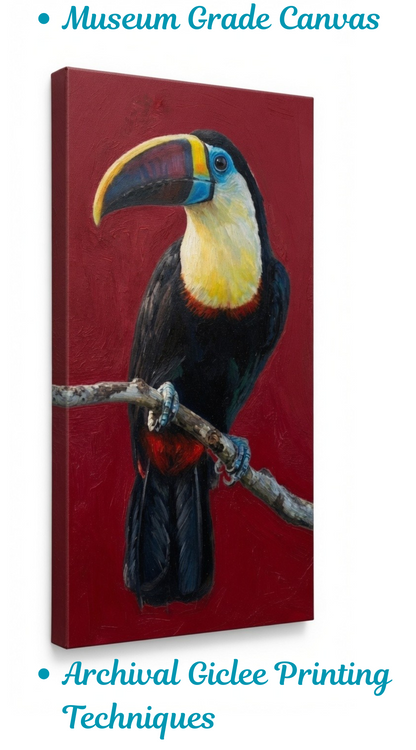 Vibrant Tropical Toucan Canvas Art Print - Exotic Wildlife Red Background Wall Decor