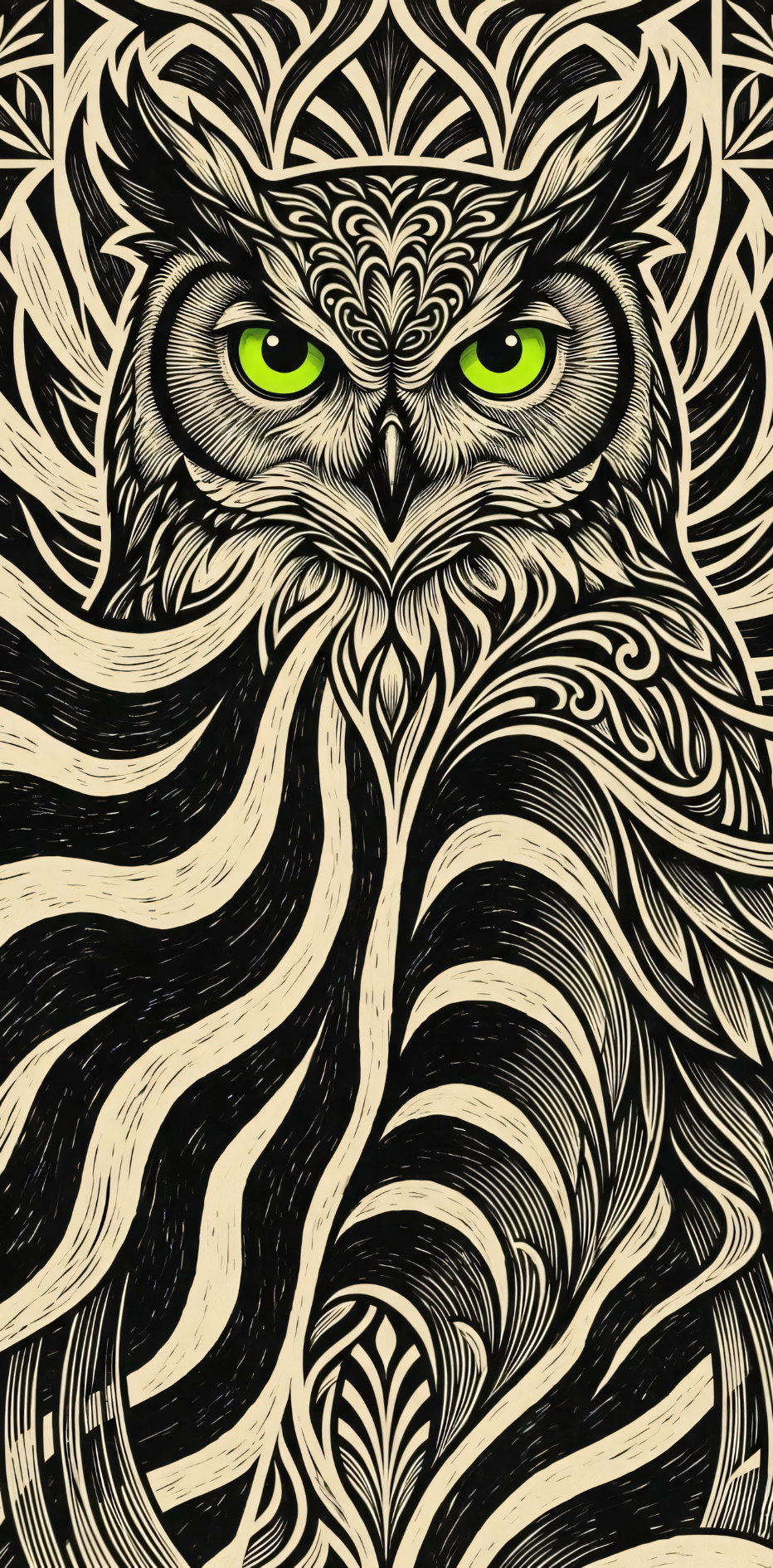 Mystic Owl Line Art Canvas Print - Abstract Black and White Woodcut Tribal Wall Decor