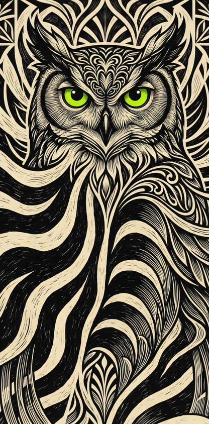 Mystic Owl Line Art Canvas Print - Abstract Black and White Woodcut Tribal Wall Decor