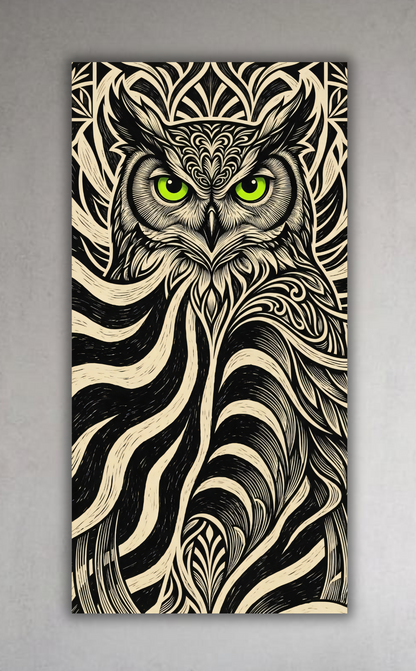 Mystic Owl Line Art Canvas Print - Abstract Black and White Woodcut Tribal Wall Decor