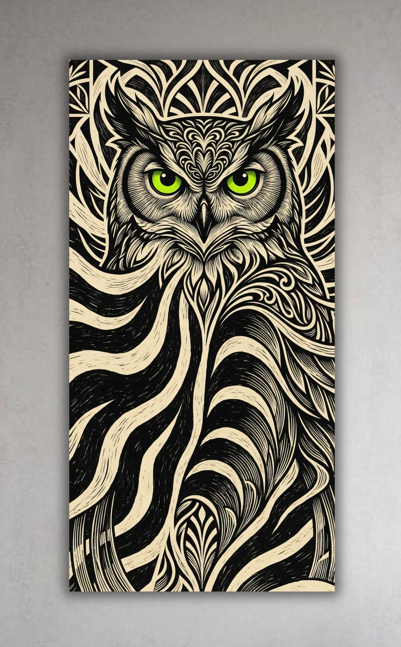 Mystic Owl Line Art Canvas Print - Abstract Black and White Woodcut Tribal Wall Decor