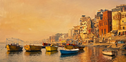 Varanasi Ghats Wooden Boats Canvas Art Print - Holy Ganges River India Sunset Wall Decor
