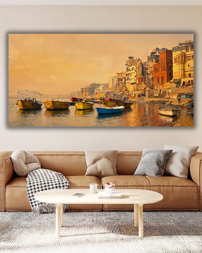 Varanasi Ghats Wooden Boats Canvas Art Print - Holy Ganges River India Sunset Wall Decor