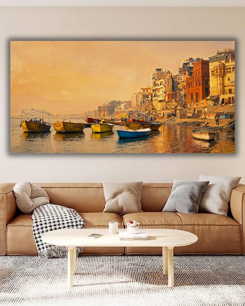 Varanasi Ghats Wooden Boats Canvas Art Print - Holy Ganges River India Sunset Wall Decor