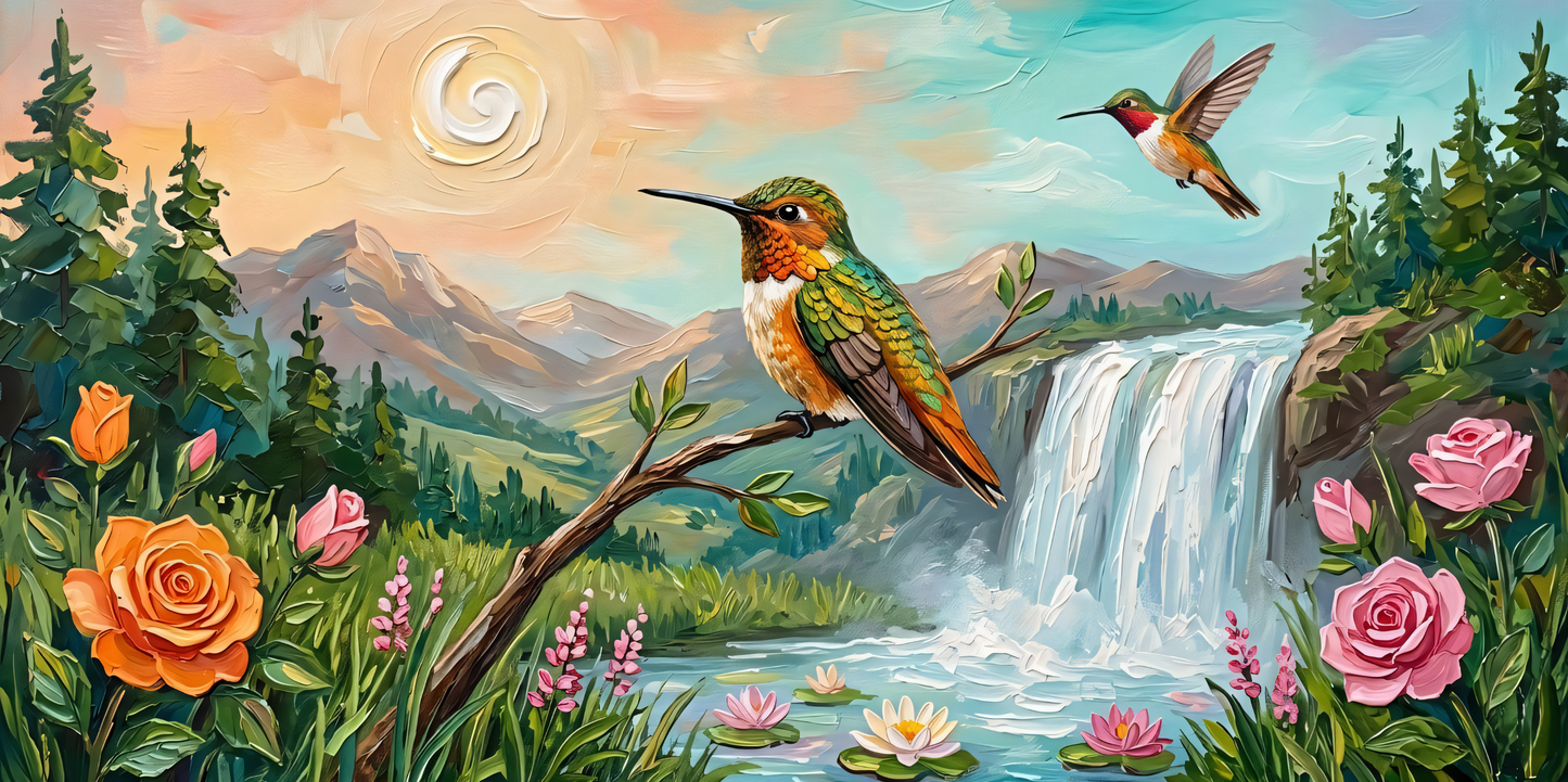 Hummingbird Waterfall Canvas Art Print - Panoramic Mountain Landscape Floral Wall Decor