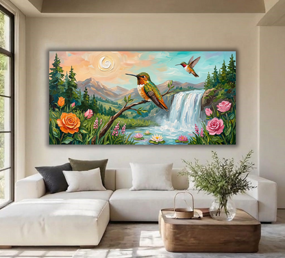 Hummingbird Waterfall Canvas Art Print - Panoramic Mountain Landscape Floral Wall Decor