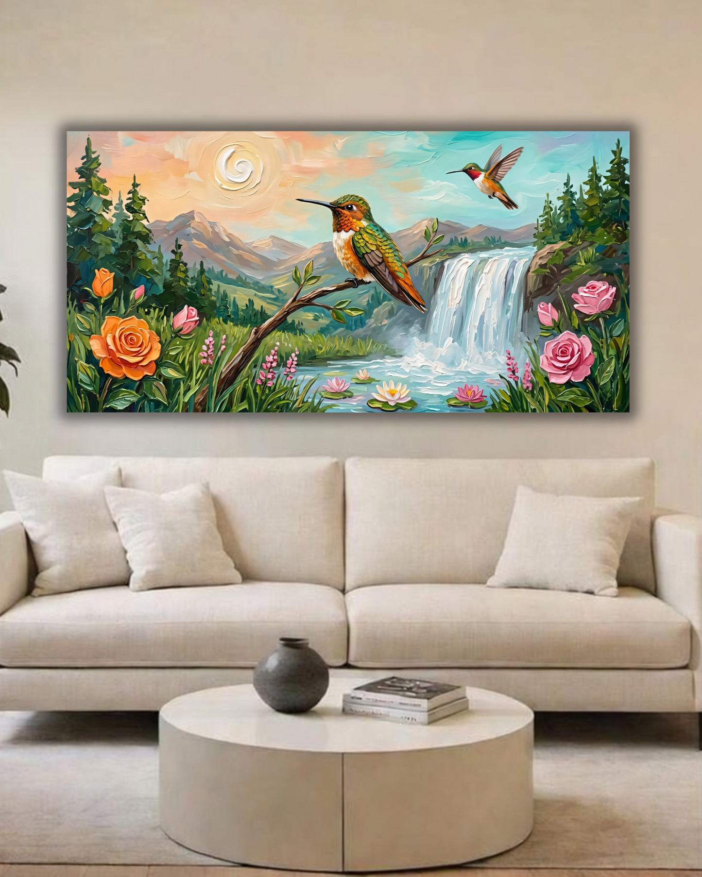 Hummingbird Waterfall Canvas Art Print - Panoramic Mountain Landscape Floral Wall Decor