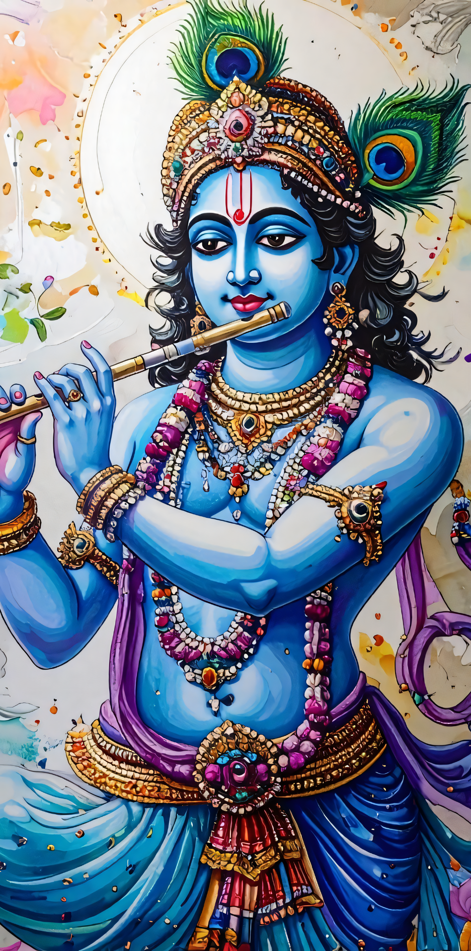 Lord Krishna Flute Portrait Canvas Print - Vibrant Devotional Wall Art