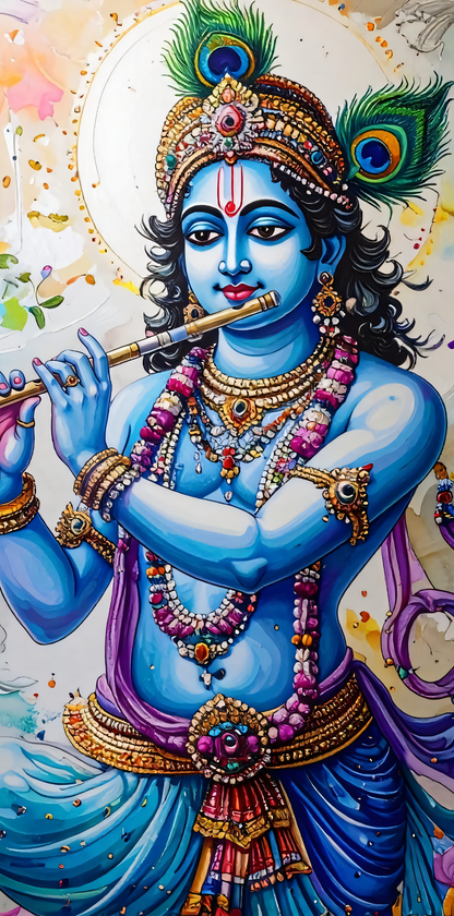 Lord Krishna Flute Portrait Canvas Print - Vibrant Devotional Wall Art