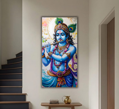 Lord Krishna Flute Portrait Canvas Print - Vibrant Devotional Wall Art