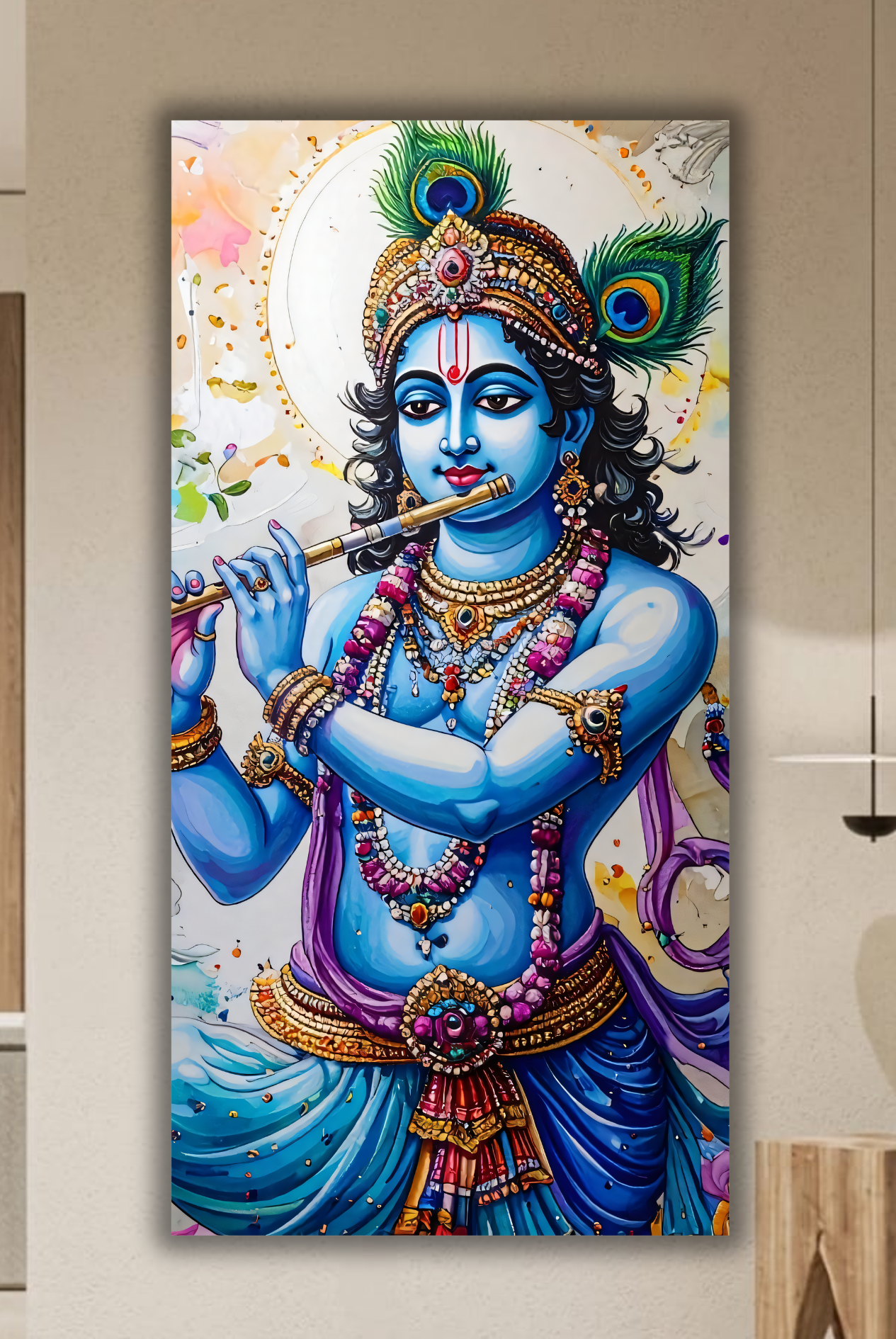 Lord Krishna Flute Portrait Canvas Print - Vibrant Devotional Wall Art