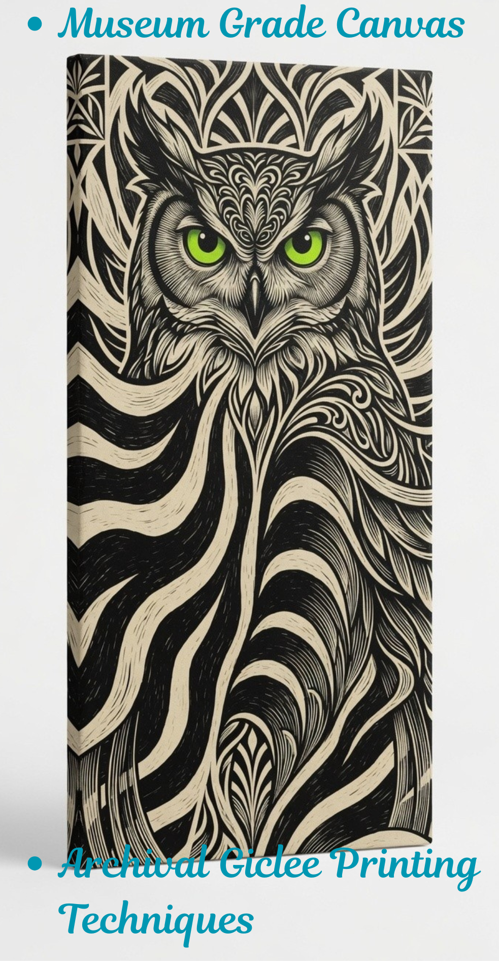 Mystic Owl Line Art Canvas Print - Abstract Black and White Woodcut Tribal Wall Decor