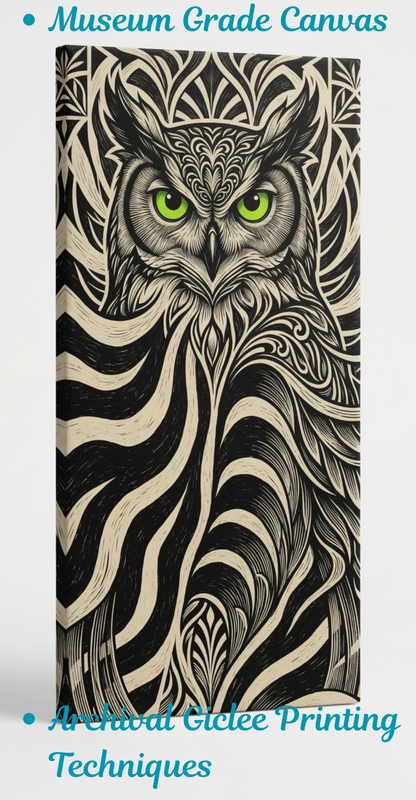 Mystic Owl Line Art Canvas Print - Abstract Black and White Woodcut Tribal Wall Decor