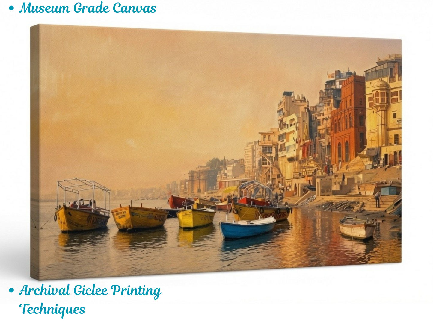Varanasi Ghats Wooden Boats Canvas Art Print - Holy Ganges River India Sunset Wall Decor