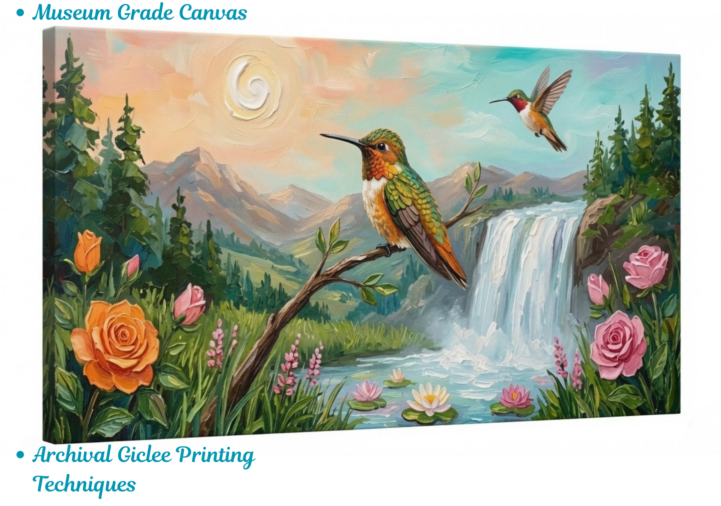 Hummingbird Waterfall Canvas Art Print - Panoramic Mountain Landscape Floral Wall Decor