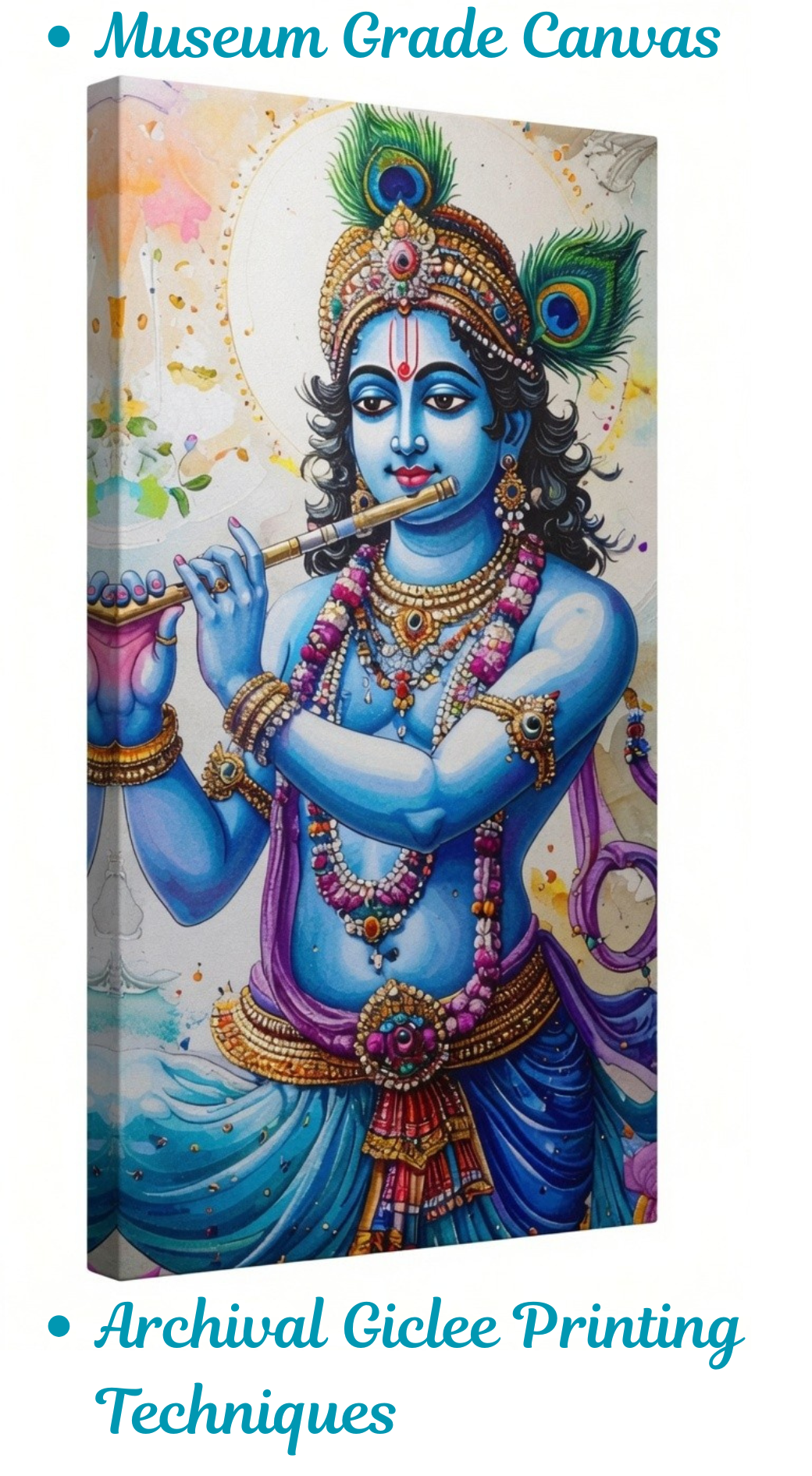 Lord Krishna Flute Portrait Canvas Print - Vibrant Devotional Wall Art