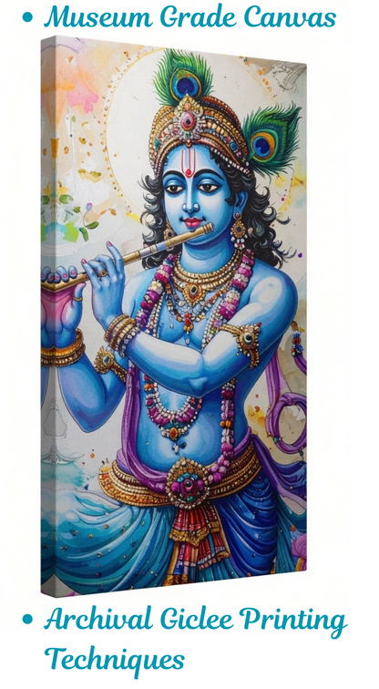 Lord Krishna Flute Portrait Canvas Print - Vibrant Devotional Wall Art