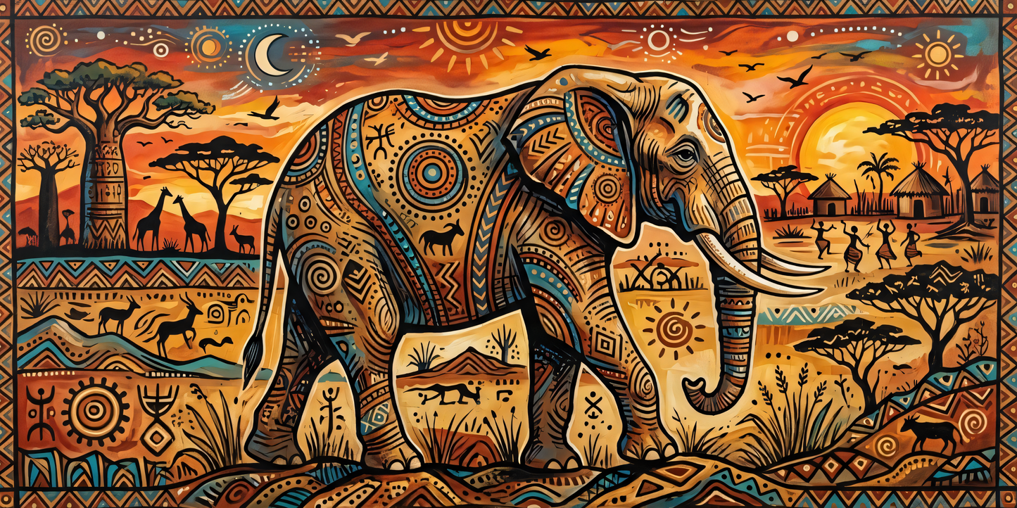 African Elephant Tribal Art Canvas Print - Panoramic Safari Sunset Wildlife Wall Decor