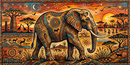 African Elephant Tribal Art Canvas Print - Panoramic Safari Sunset Wildlife Wall Decor