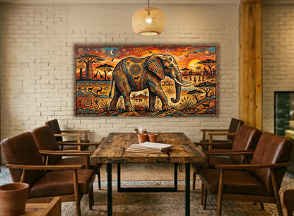 African Elephant Tribal Art Canvas Print - Panoramic Safari Sunset Wildlife Wall Decor