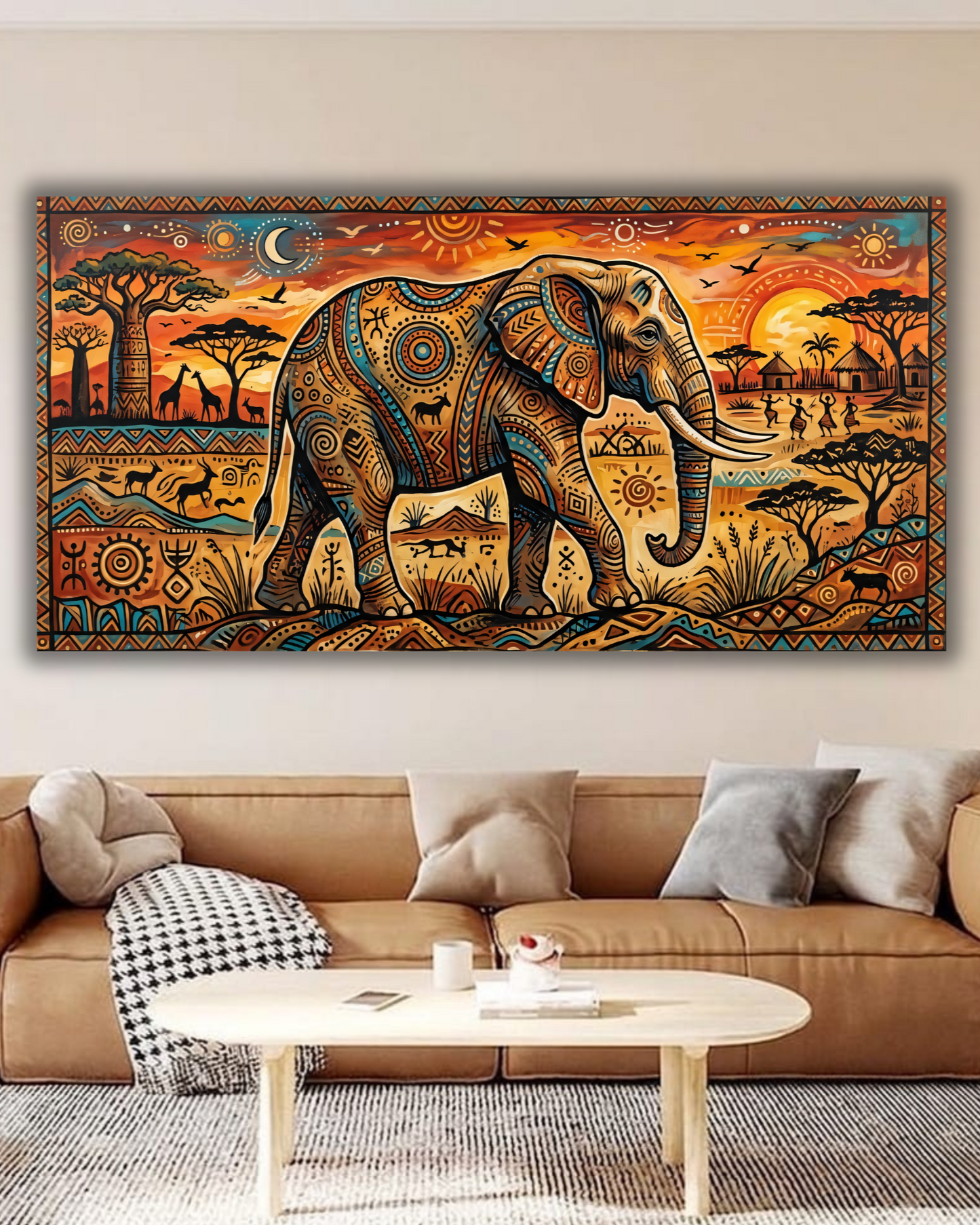 African Elephant Tribal Art Canvas Print - Panoramic Safari Sunset Wildlife Wall Decor