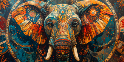 Ornate Abstract Elephant Canvas Print - Panoramic Vibrant Teal and Gold Wildlife Mandala Wall Art