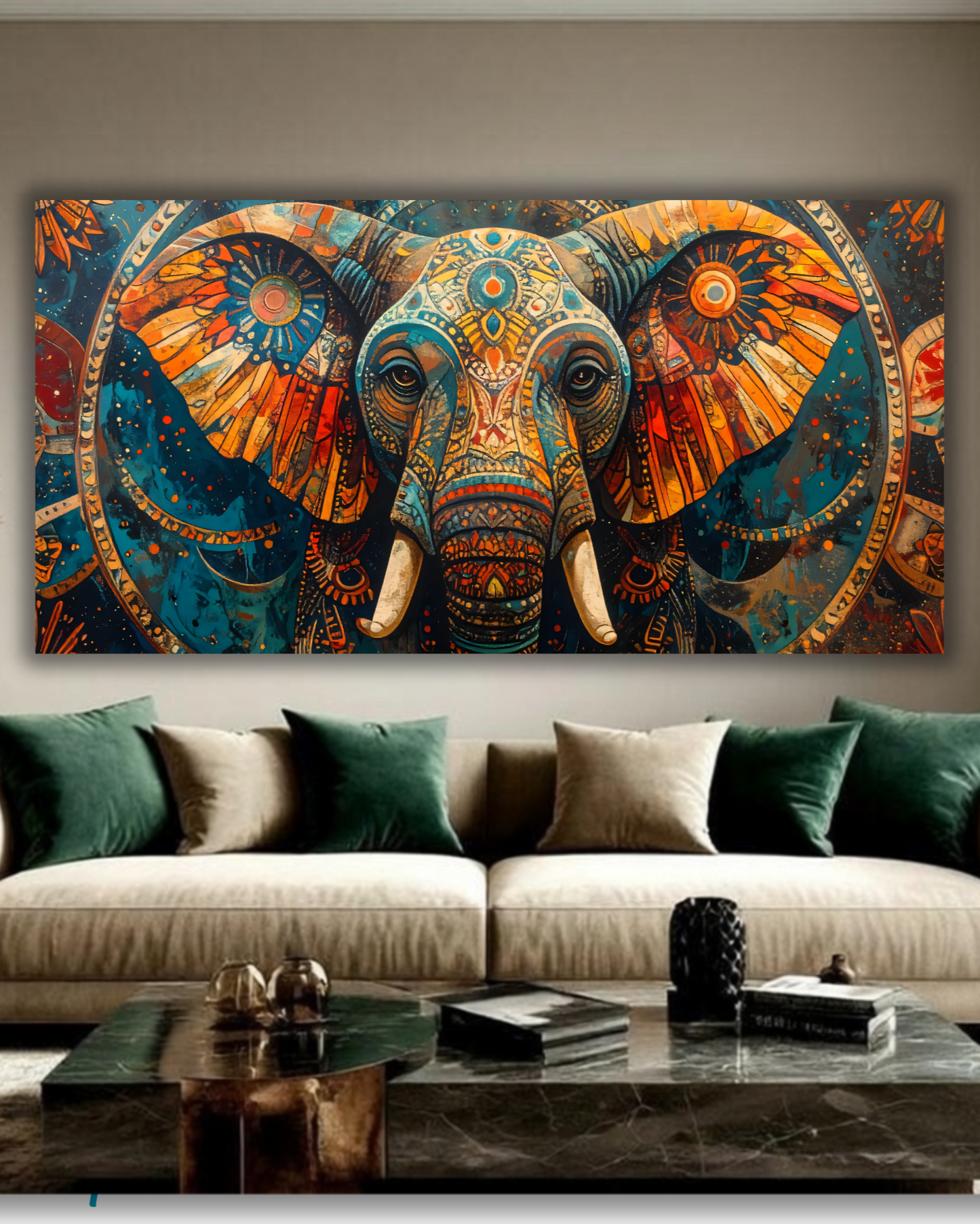 Ornate Abstract Elephant Canvas Print - Panoramic Vibrant Teal and Gold Wildlife Mandala Wall Art