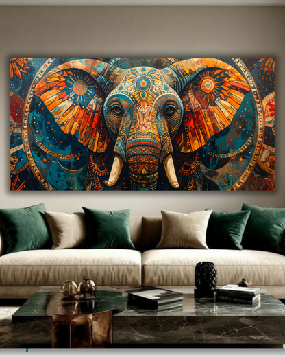 Ornate Abstract Elephant Canvas Print - Panoramic Vibrant Teal and Gold Wildlife Mandala Wall Art