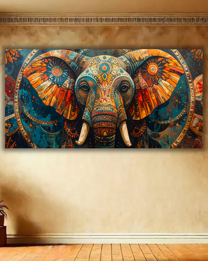 Ornate Abstract Elephant Canvas Print - Panoramic Vibrant Teal and Gold Wildlife Mandala Wall Art