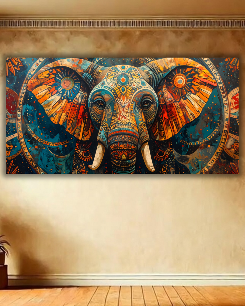 Ornate Abstract Elephant Canvas Print - Panoramic Vibrant Teal and Gold Wildlife Mandala Wall Art